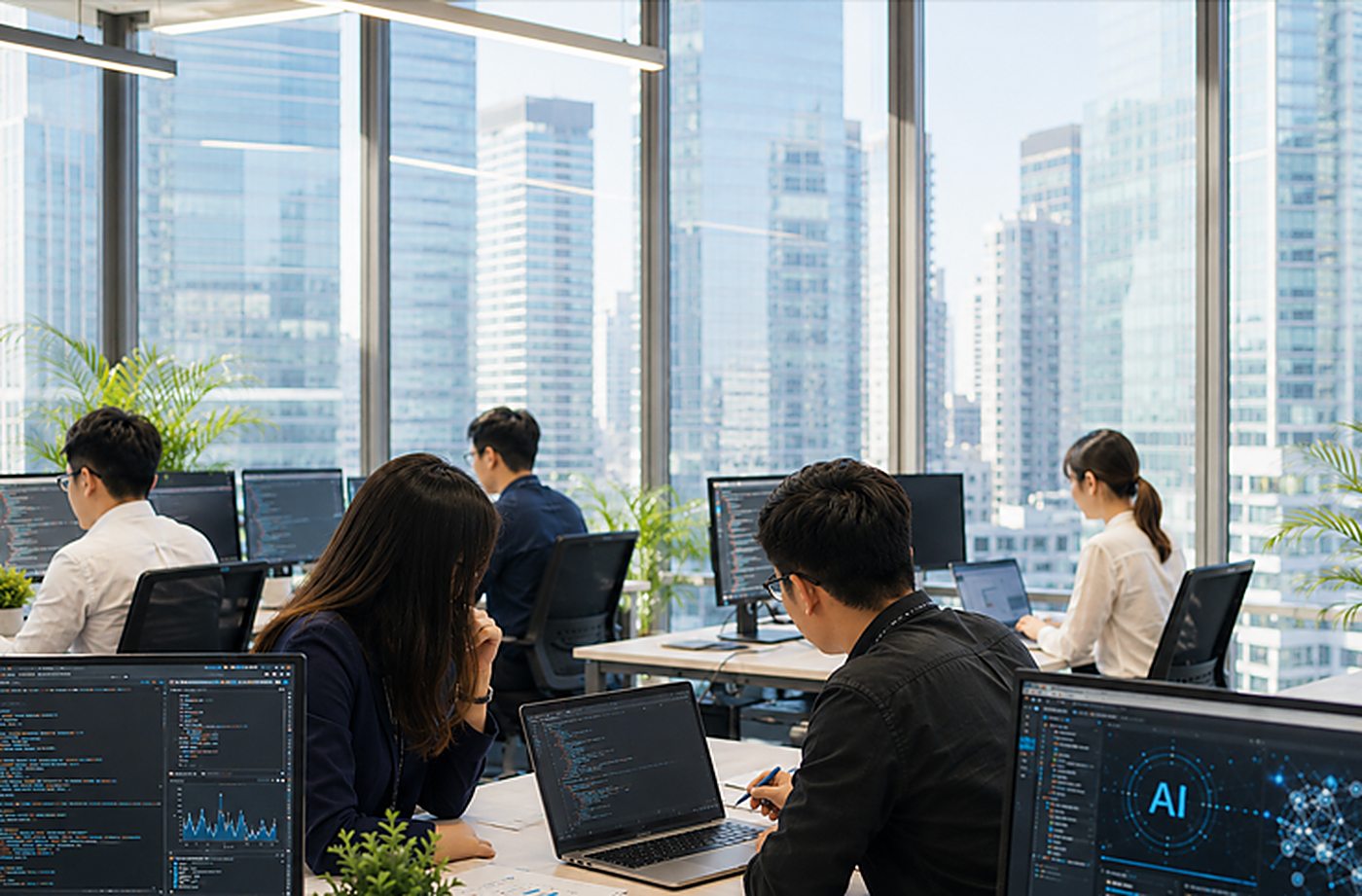 A team working with AI-enabled tools in a modern workplace